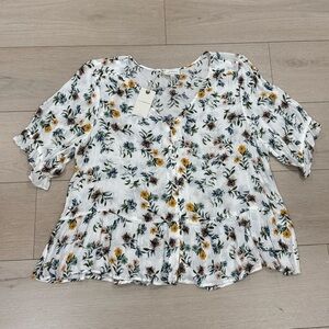 Lucky Brand White/Colorful Floral Print Ruffle V-Neck Flowy Blouse XL NWT